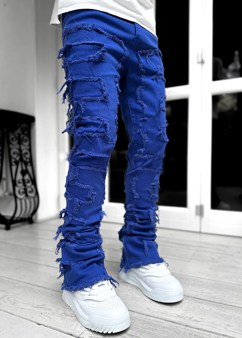 Stacked Ripped Jeans for Men – Fringe Patch Denim
