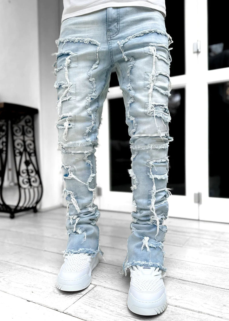 Stacked Ripped Jeans for Men – Fringe Patch Denim