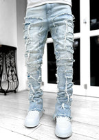 Stacked Ripped Jeans for Men – Fringe Patch Denim