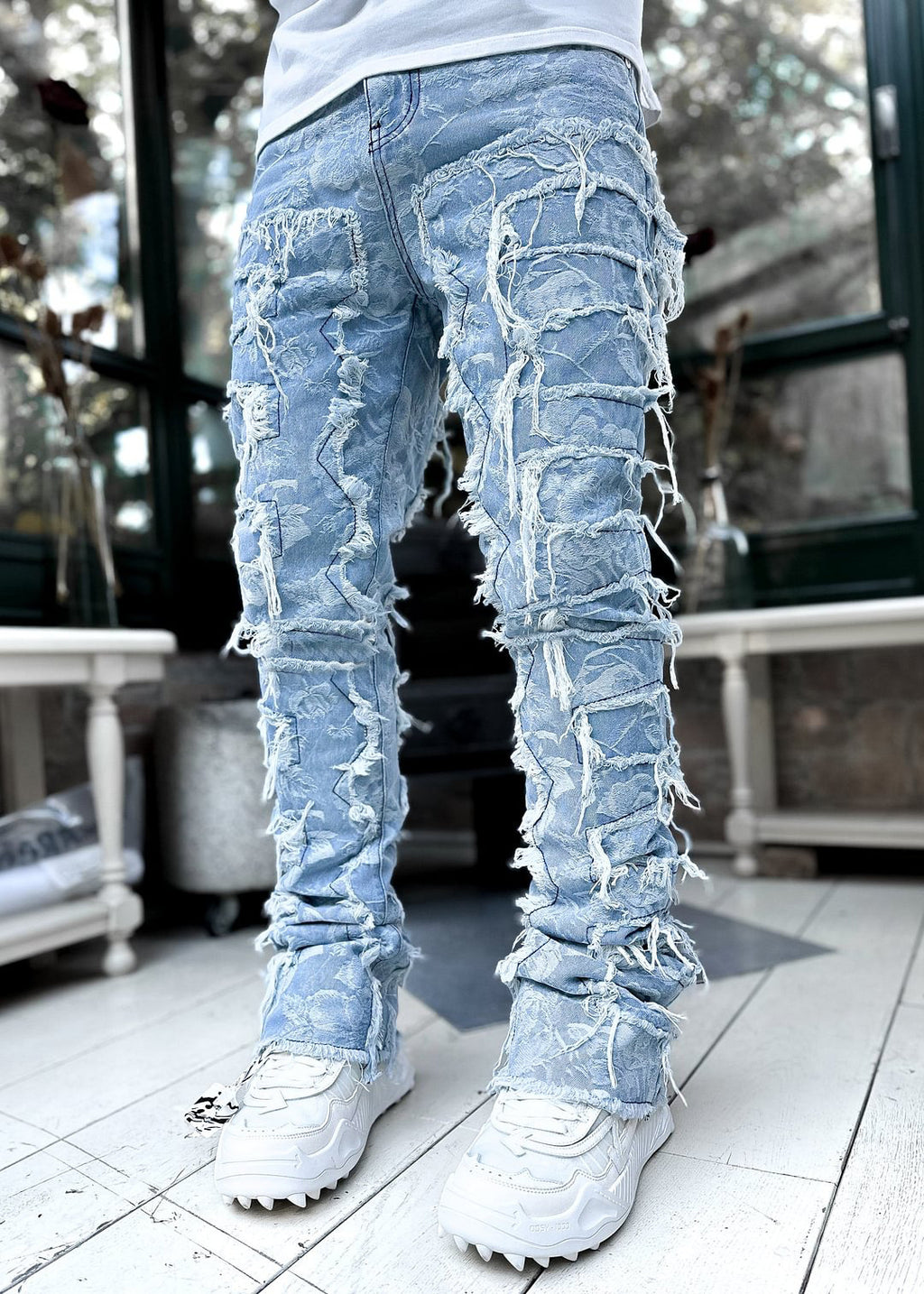 Stacked Ripped Jeans for Men – Fringe Patch Denim