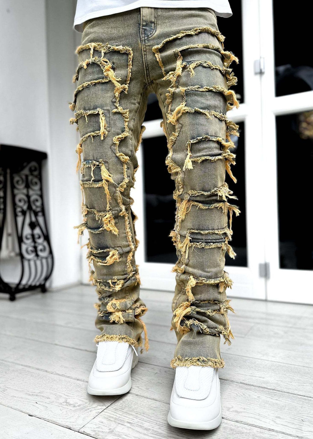 Stacked Ripped Jeans for Men – Fringe Patch Denim