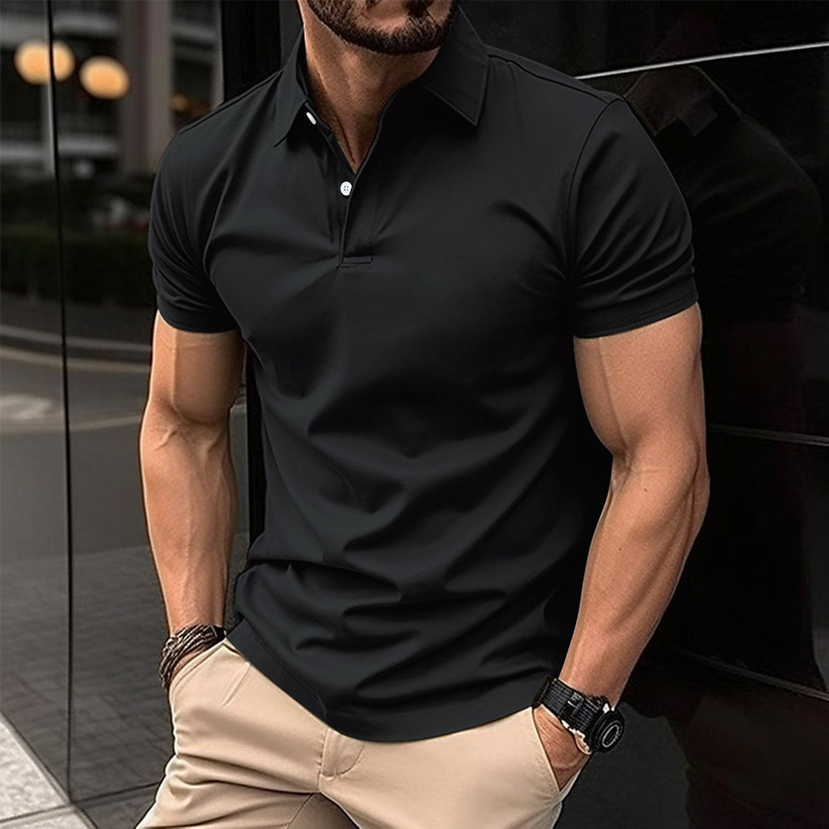 Solid Color Short Sleeve Polo Shirt for Men