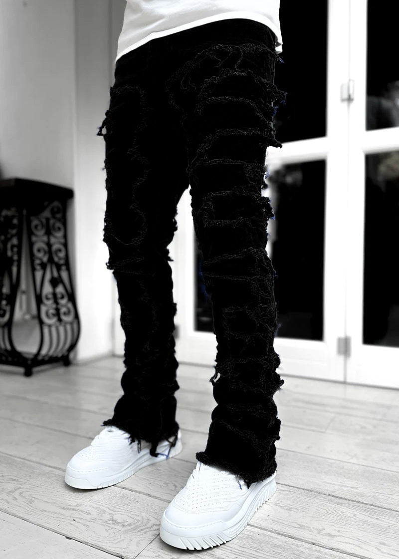Stacked Ripped Jeans for Men – Fringe Patch Denim