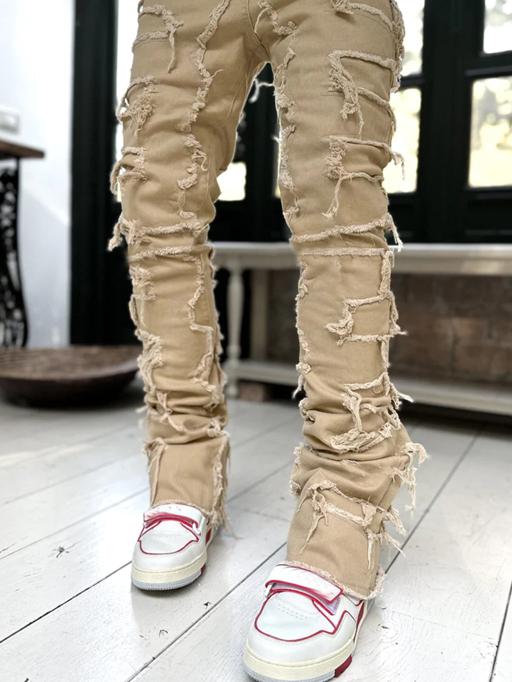 Stacked Ripped Jeans for Men – Fringe Patch Denim