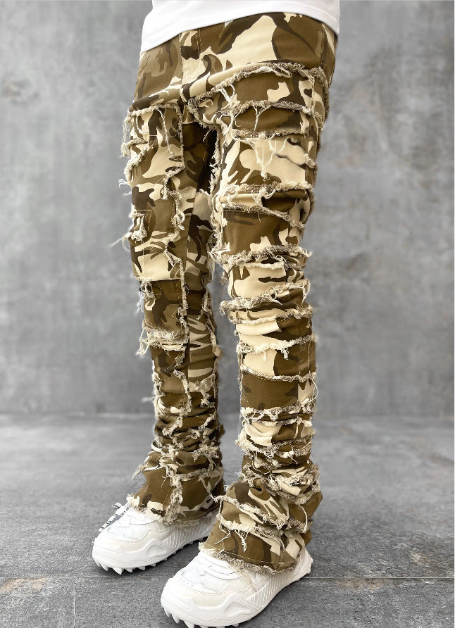 Stacked Ripped Jeans for Men – Fringe Patch Denim