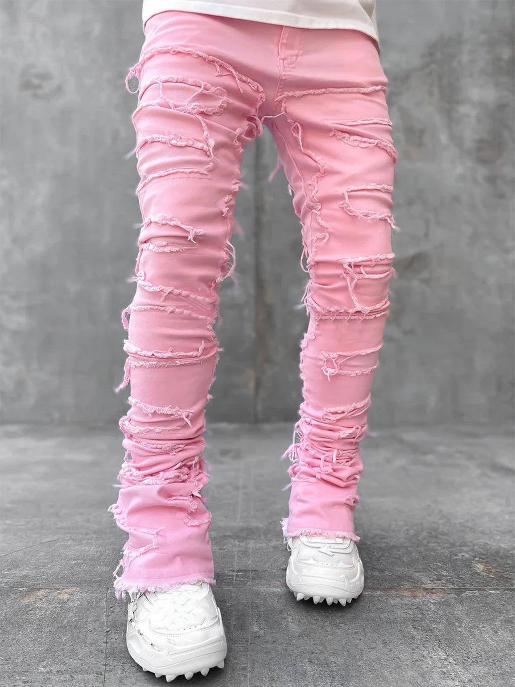 Stacked Ripped Jeans for Men – Fringe Patch Denim