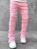 Stacked Ripped Jeans for Men – Fringe Patch Denim