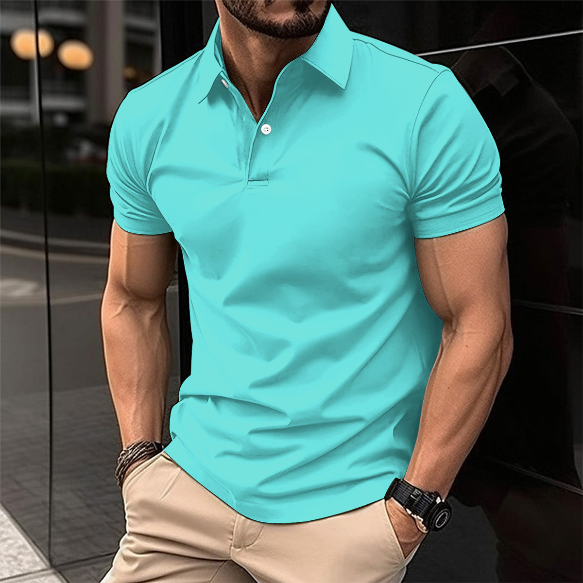 Solid Color Short Sleeve Polo Shirt for Men