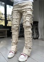 Stacked Ripped Jeans for Men – Fringe Patch Denim