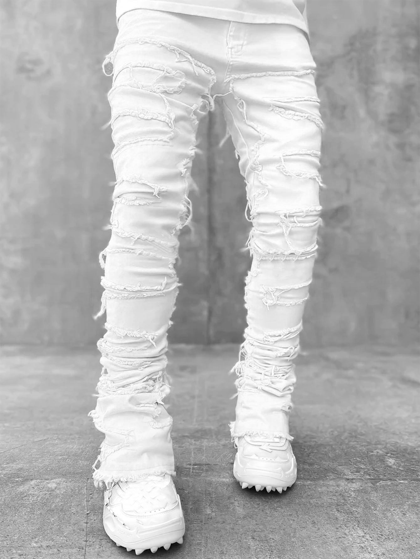 Stacked Ripped Jeans for Men – Fringe Patch Denim
