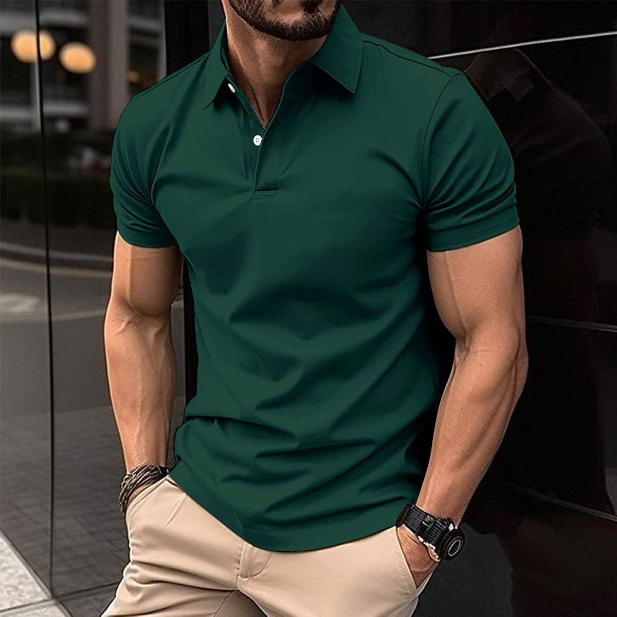 Solid Color Short Sleeve Polo Shirt for Men