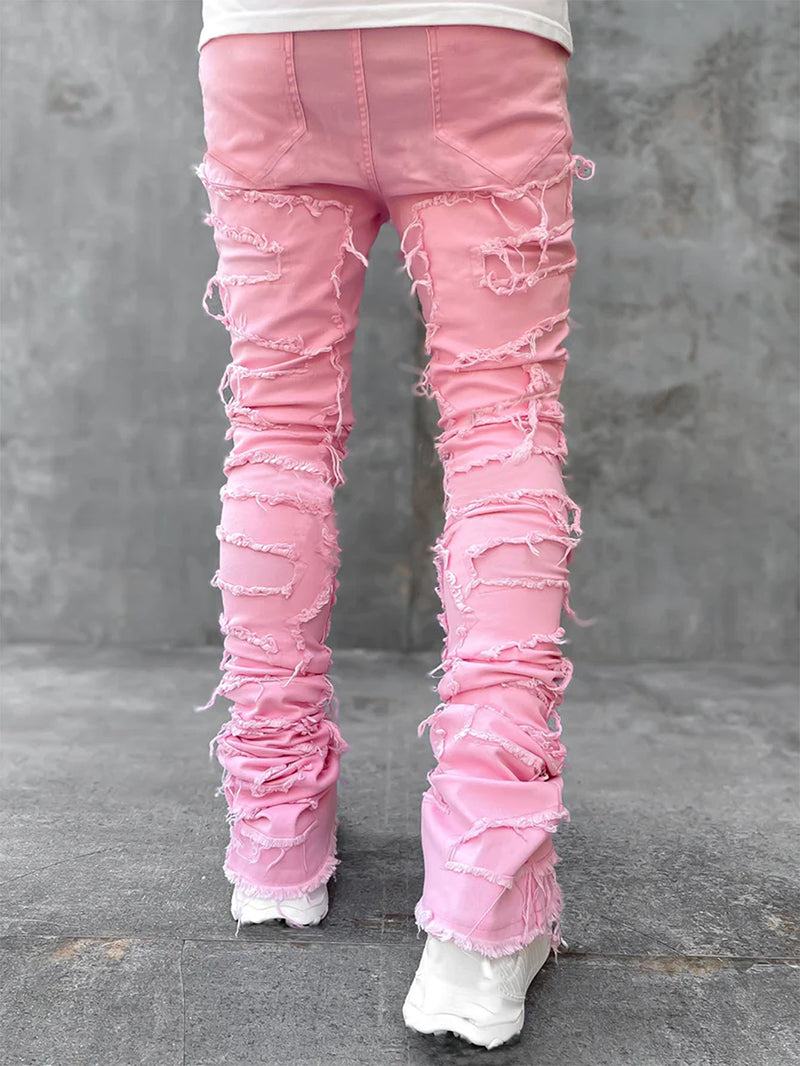 Stacked Ripped Jeans for Men – Fringe Patch Denim