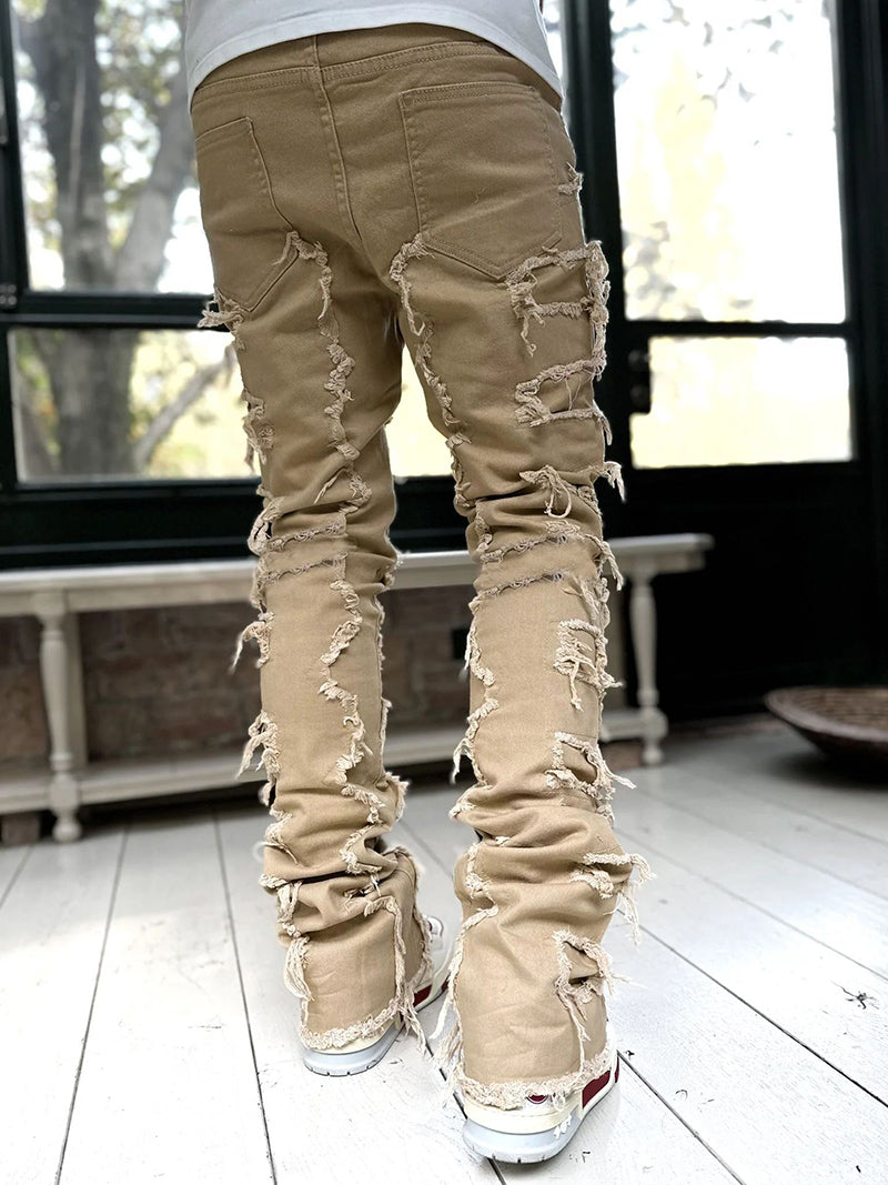 Stacked Ripped Jeans for Men – Fringe Patch Denim
