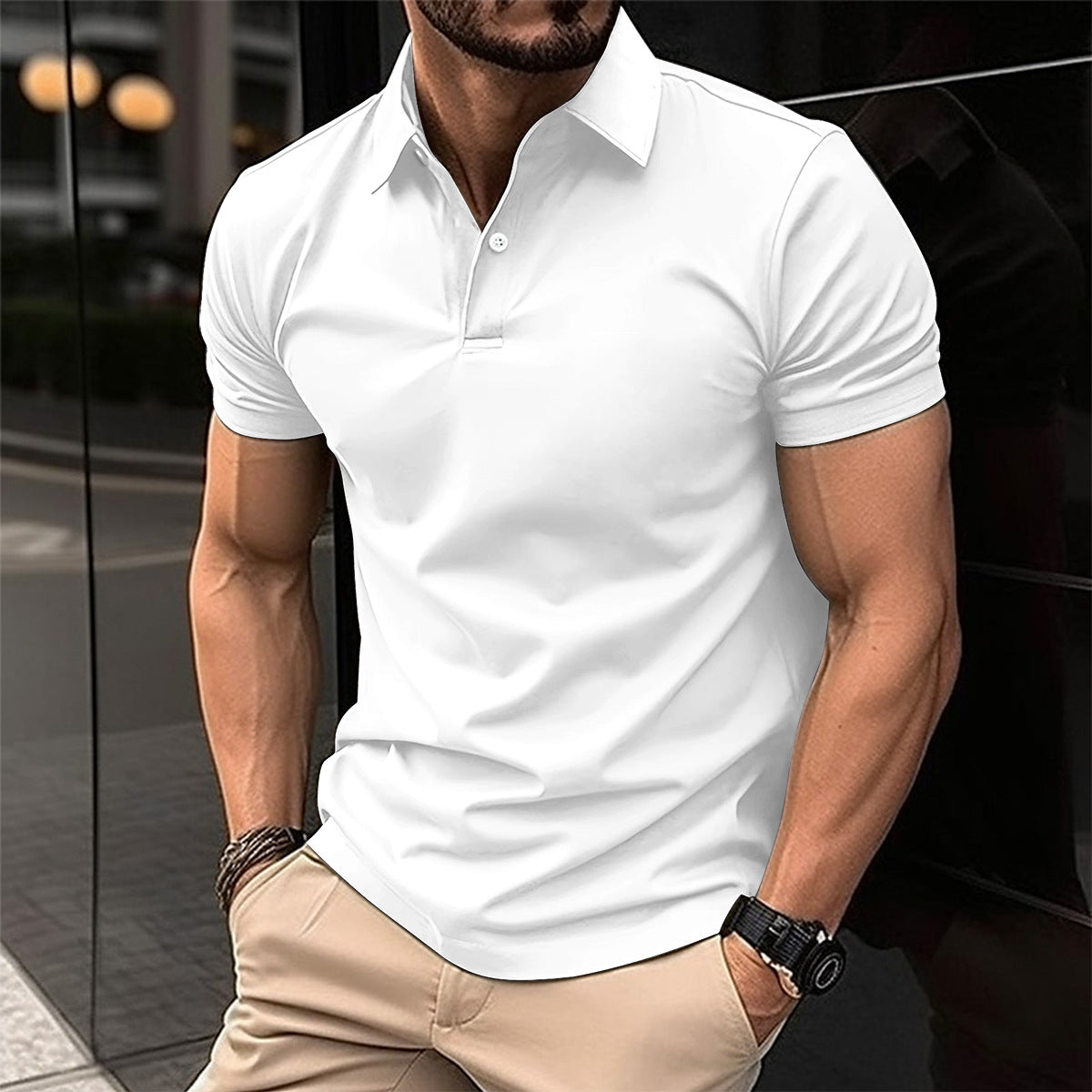 Solid Color Short Sleeve Polo Shirt for Men